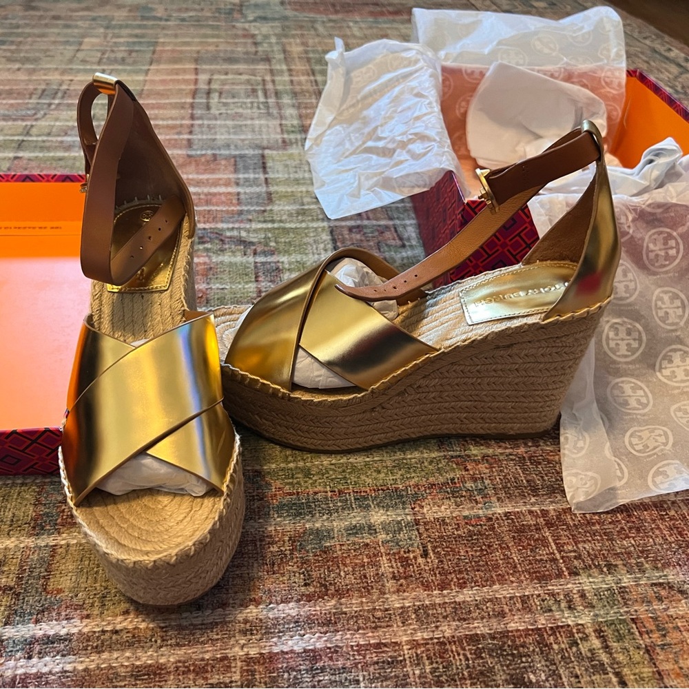 Tory Burch Gold Selby Espadrille Wedges